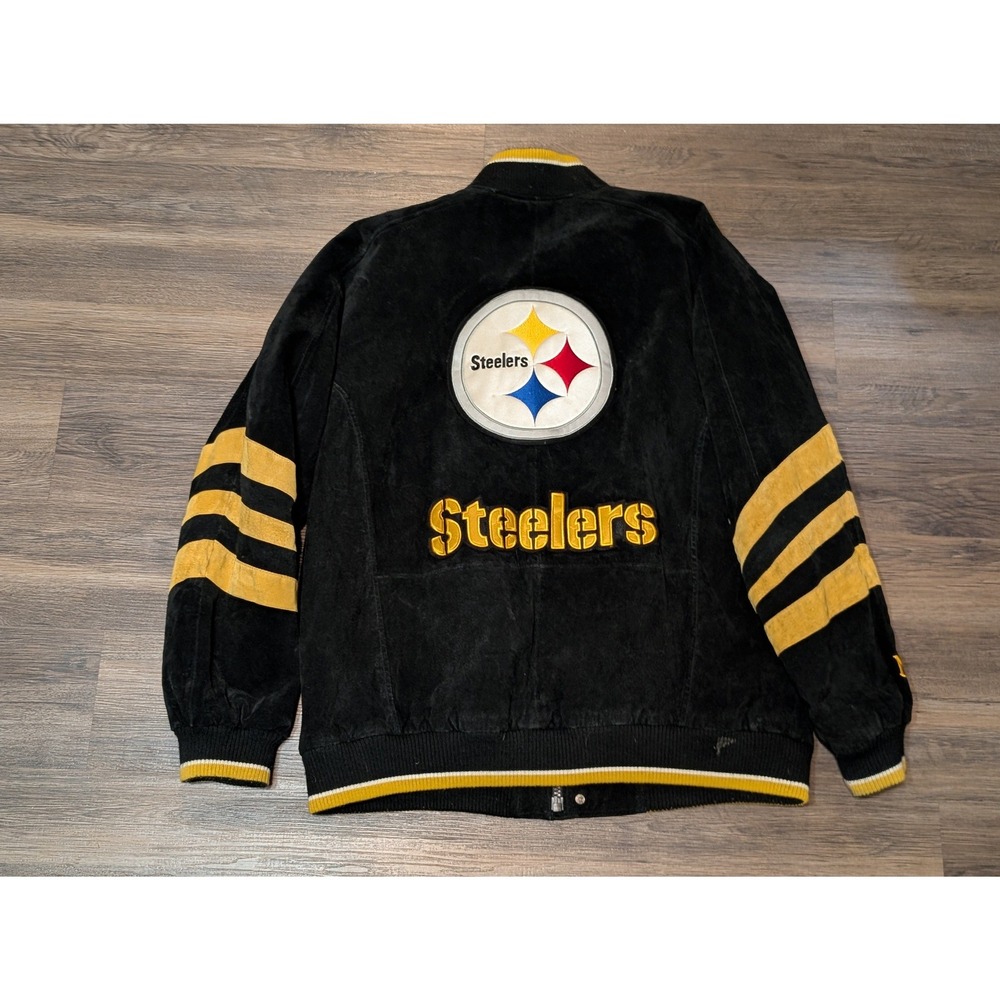 NFL Pittsburgh Steelers Suede Leather Varsity Jacket Mens XL Black Yellow READ